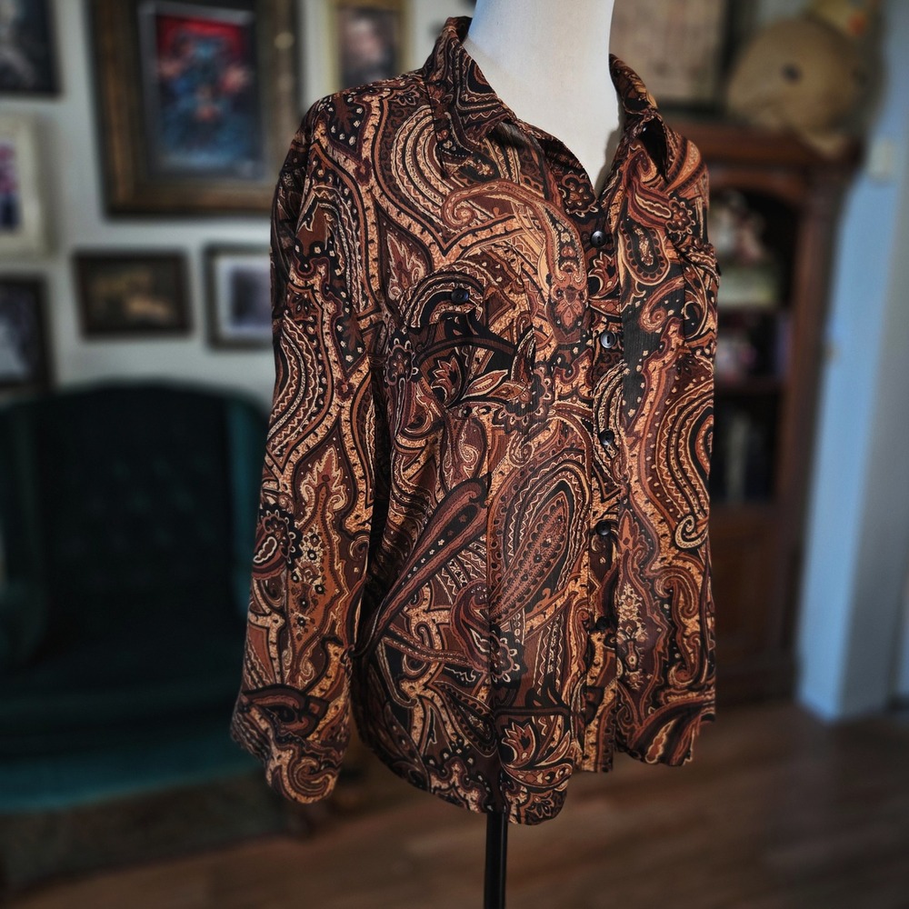 Apparenza Blouse Long Sleeve Shirt Paisley Button Up Brown Boho Retro Sheer
